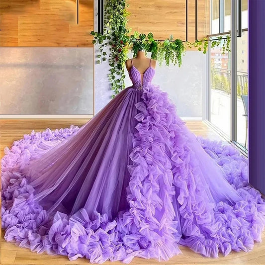 Lila wunderschöne Mode V-Ausschnitt Perlen lange Tüll bodenlangen Trailing Ballkleid Ballkleid Abendkleid Brautkleid gh1803