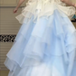 Light Blue Ombre Strapless Ball Gown, Lace Beaded Tiered Ruffle Tulle Prom Dress With Floral Embroidery for Party Banquet gh8960
