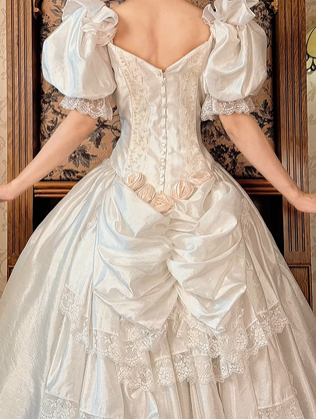 Off‑White Puff Sleeve Vintage Fitted Waist Full Flared Skirt Prom Gown, Wedding Dress gh8593