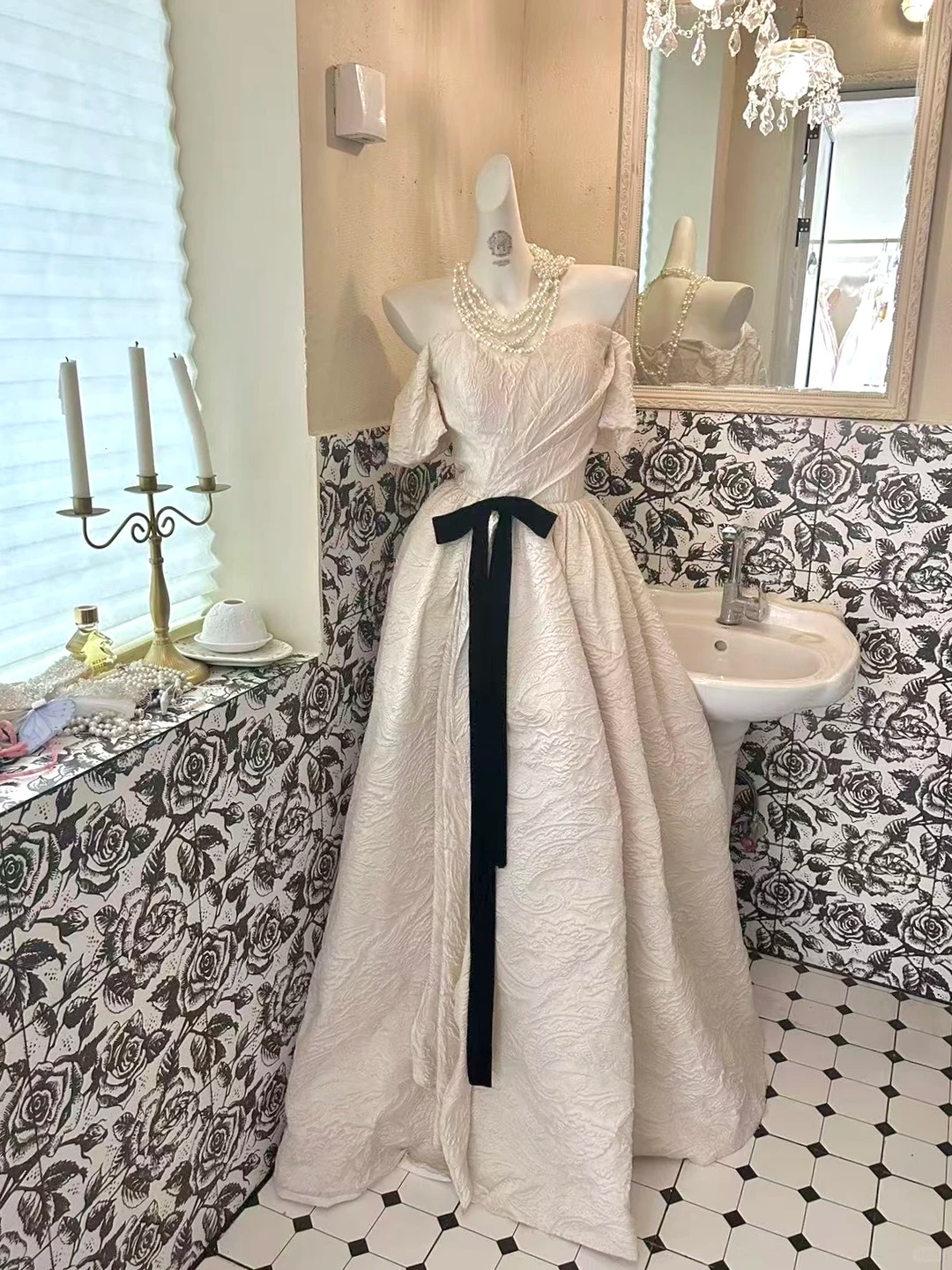Ivory Off-the-Shoulder Cinched Waist Full Flared Skirt Long Romantic Dress, Wedding Gown gh7775