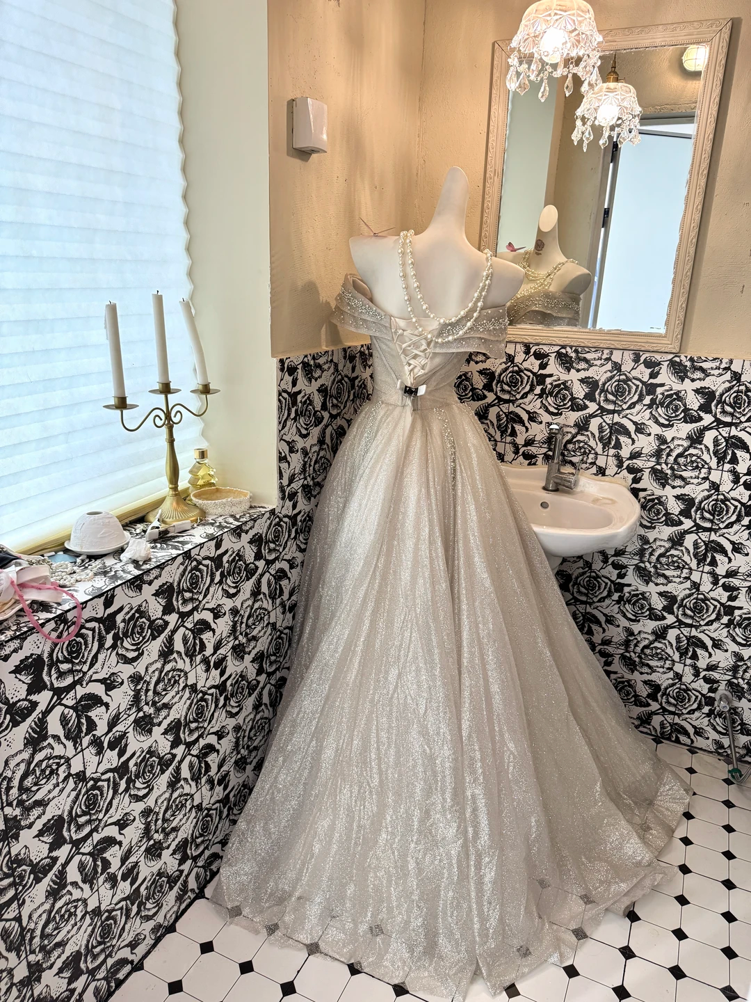 Light Champagne Off-the-Shoulder Waist-Cinched Full Flared Long Vintage Romantic Dress, Wedding Gown gh7591