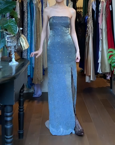 Slate Blue Vintage Prom Dress Strapless Tube Top Full Sequin Hand Beaded Bodycon Mesh Long Evening Gown With Side Slit gh9631