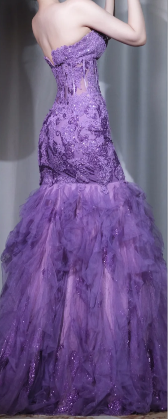 ✨Girlhomeshops-Purple Lace Mermaid Prom Dress Strapless Tiered Tulle Evening Gown gh9980