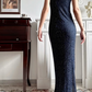 Navy Blue Vintage Spaghetti‑Strap Cowl Neck Prom Gown, All‑Over Hand‑Beaded Sequins, Fitted Waist Bodycon Mermaid Long Dress, Evening Prom Dress gh8807