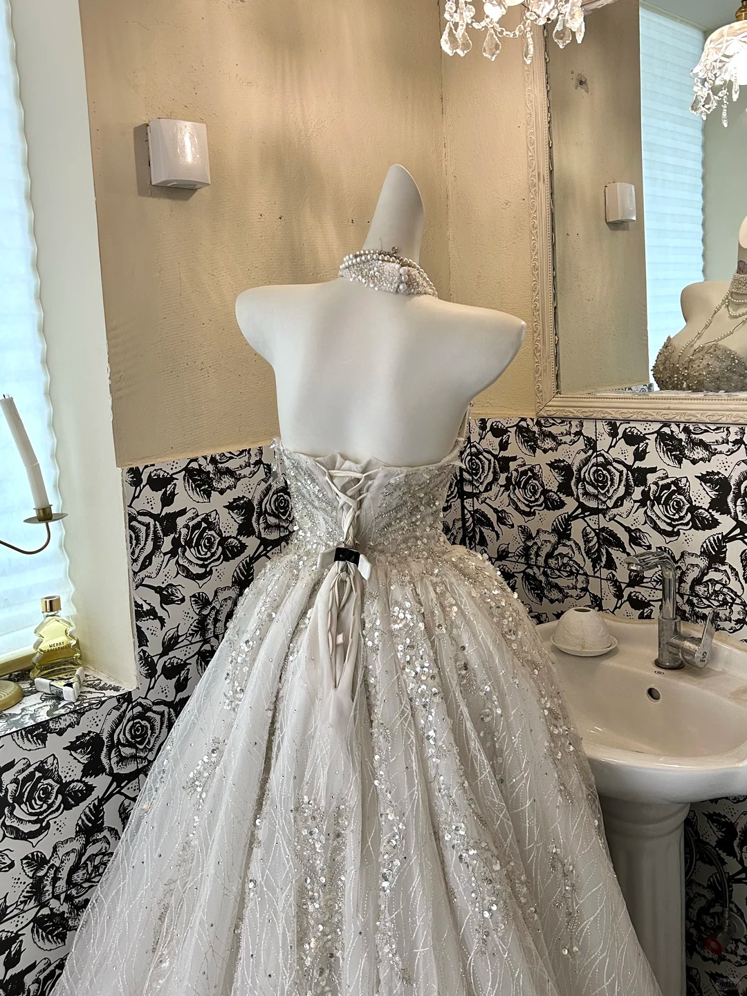 Ivory Beaded Strapless Waist-Cinched Full Flared Long Romantic Dress, Wedding Gown gh7580