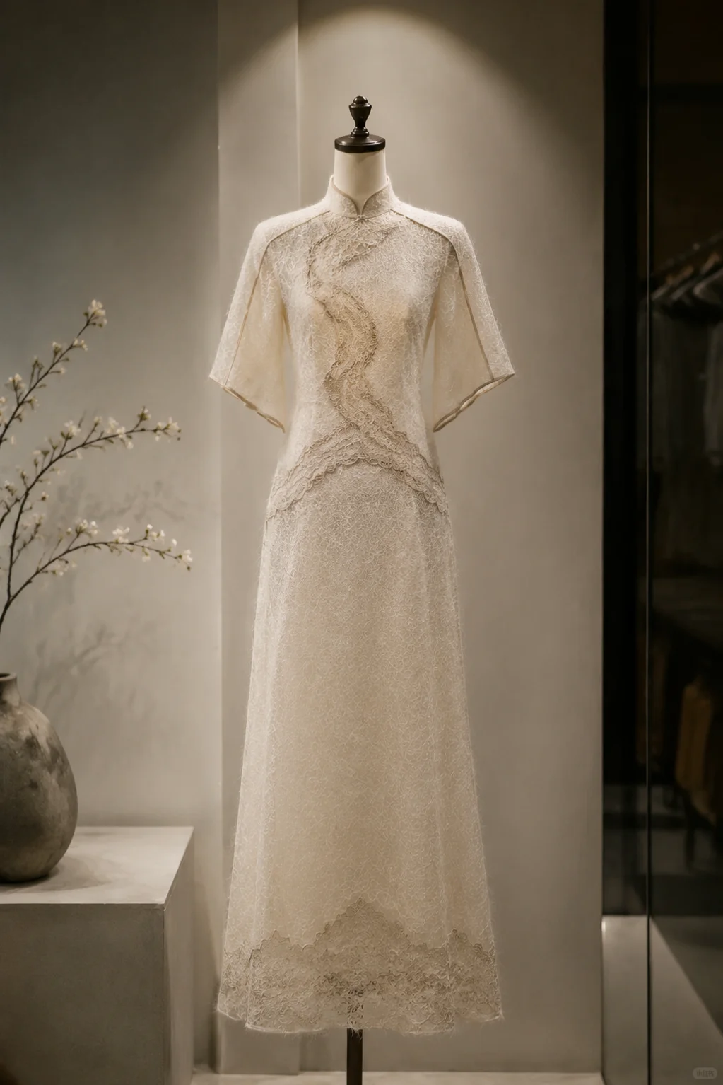 ✨Girlhomeshops-Chinese Scalloped Lace Flutter Sleeve Qipao Evening Gown gh10372