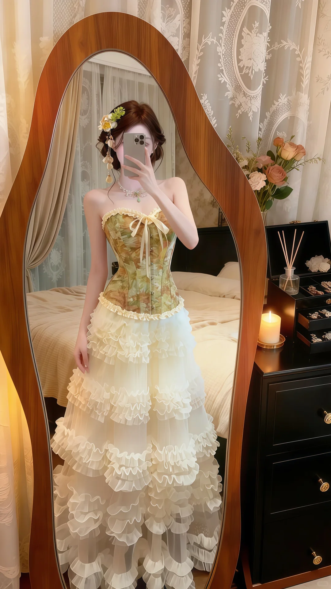 Oil‑Painting Green 2‑Piece Evening Gown, Strapless Printed Corset Top Tiered Ruffle Tulle Skirt Prom Dress gh9141