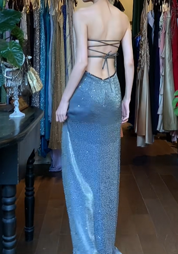 Slate Blue Vintage Prom Dress Strapless Tube Top Full Sequin Hand Beaded Bodycon Mesh Long Evening Gown With Side Slit gh9631