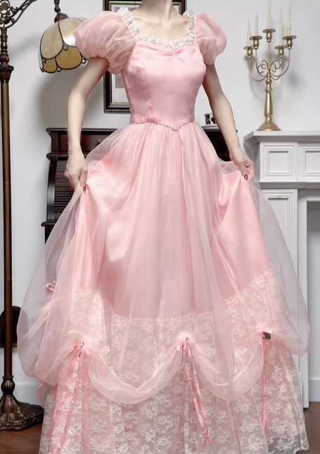 Pink Vintage Square‑Neck Puff‑Sleeve Lace‑Trim Drawstring‑Bow‑Draped Ballgown Floor‑Length Evening Prom Gown gh8800