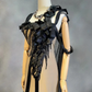 Square Neck Nude Mermaid Prom Dress Black Satin Bows Beaded Fringe Formal Gown with Mesh Train Cape gh9549