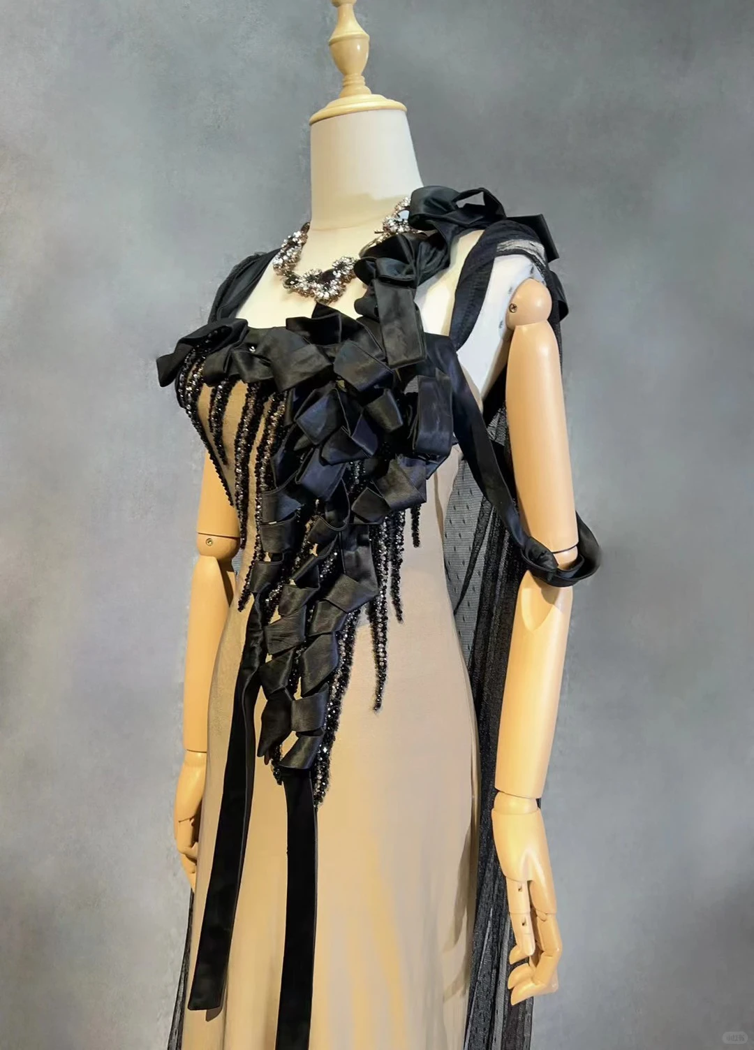 Square Neck Nude Mermaid Prom Dress Black Satin Bows Beaded Fringe Formal Gown with Mesh Train Cape gh9549