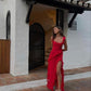 Rotes, quadratisches Hals-Spaghetti-Trägern, lange Chiffon-Rüschen, elegantes, sexy Ballkleid mit Schlitz, Abendkleid für Hochzeitsgäste, Partykleid gh3323