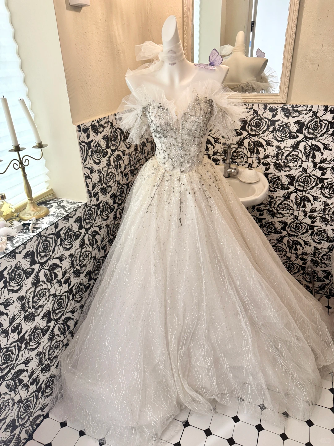 Ivory Strapless Gown with Silver Decorations, Cinched Waist, Voluminous Skirt, Long Romantic Dress, Wedding Gown gh7792