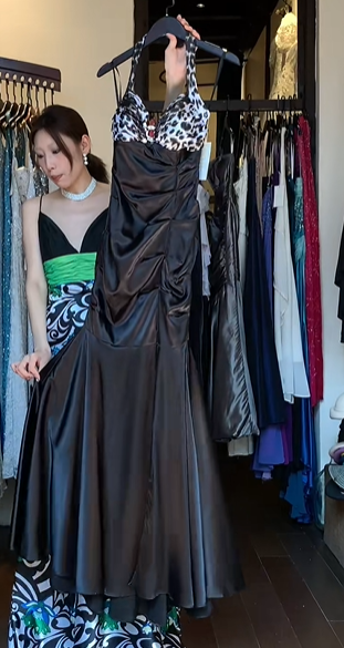 Black Halter Satin A Line Long Evening Prom Dress with Leopard Print Contrast Top and Side Ruched gh9765
