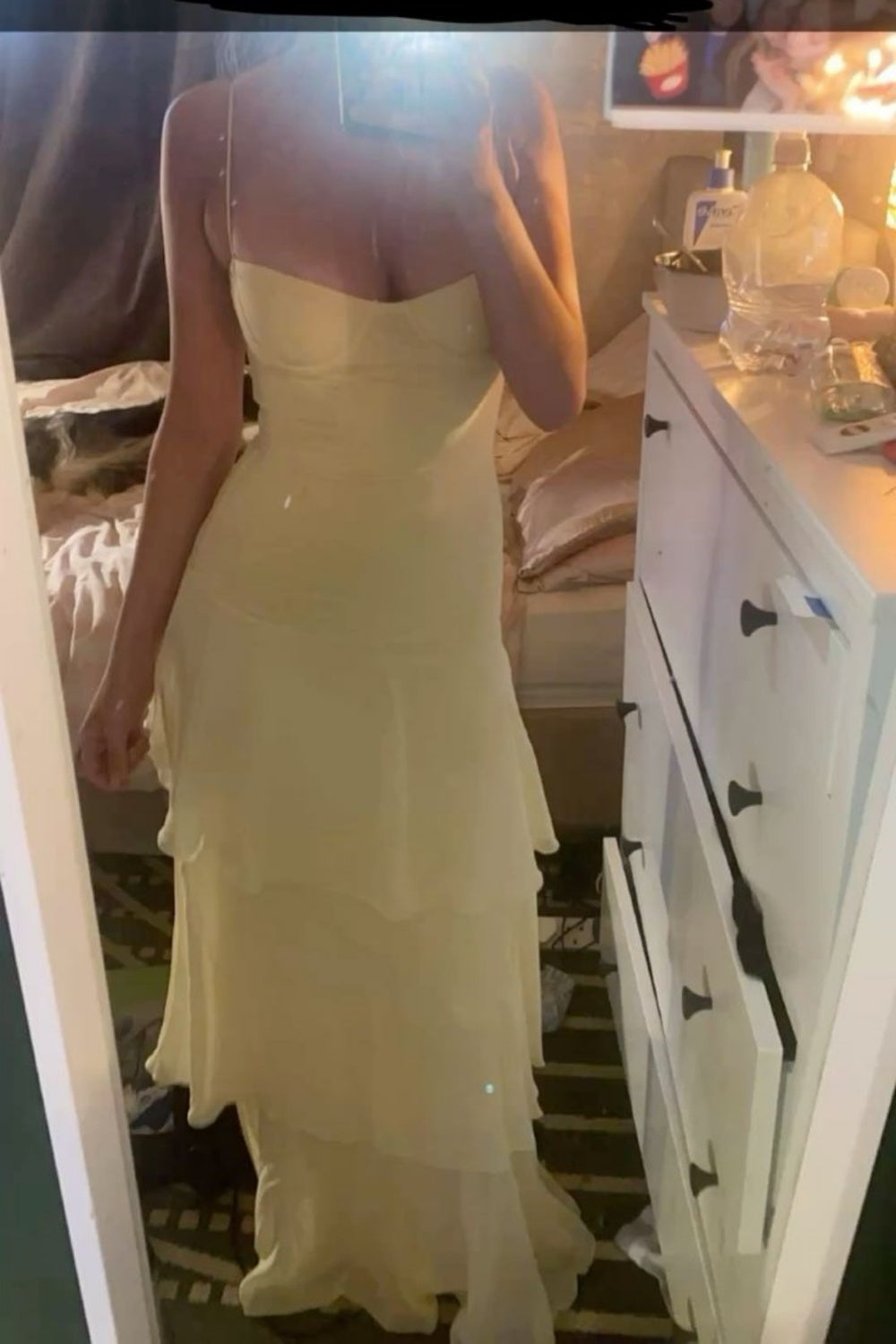 girlhomeshops-Yellow casual ruffled long chiffon dress gh5860