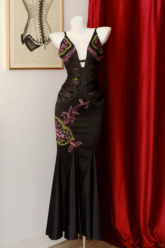 Women Black Vintage Long Mermaid Formal Dress Spaghetti Straps Deep V-Neck Cutout Waist Colorful Floral Embroidery Beaded Satin Evening Gown gh9582