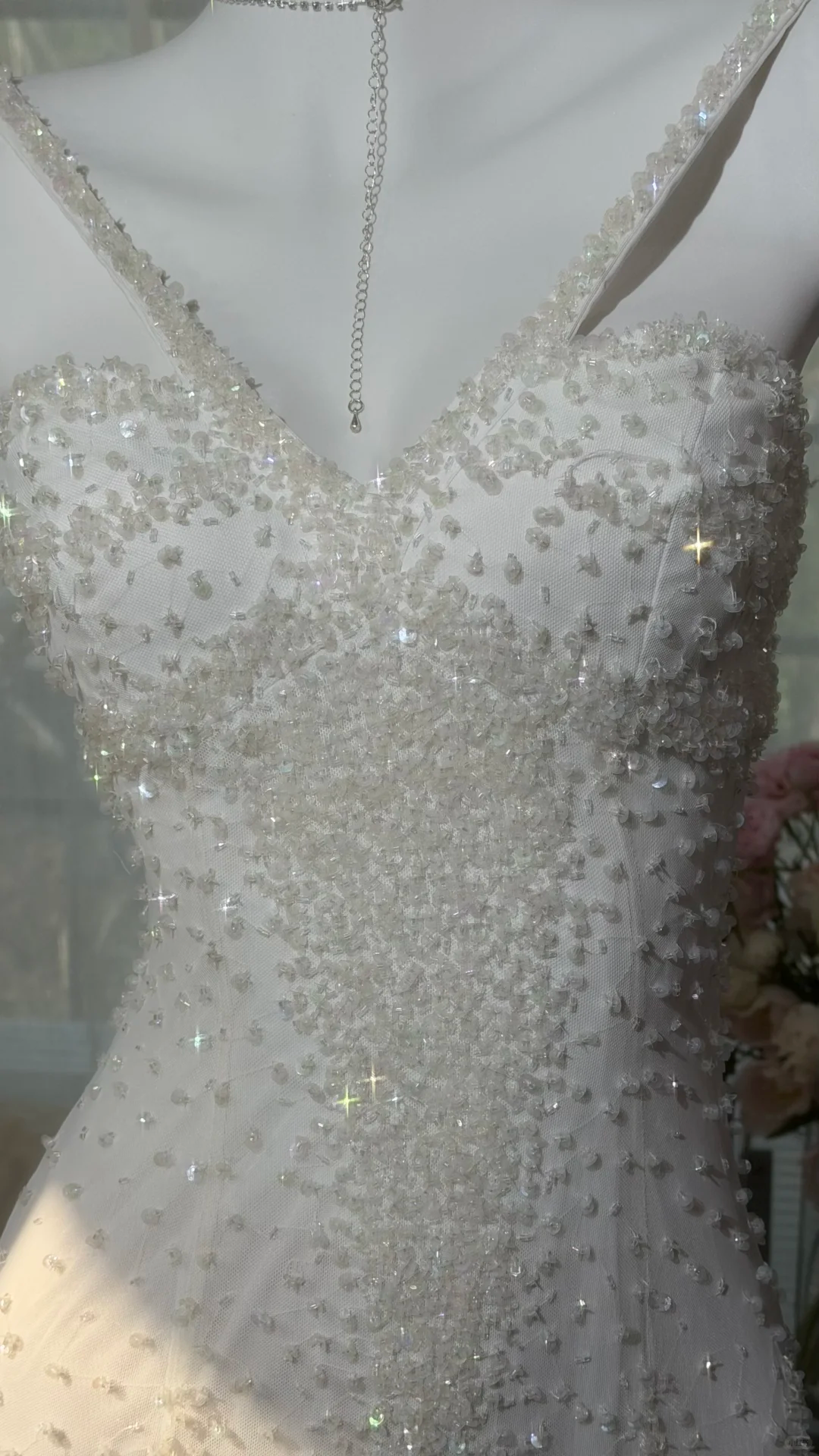 White V-Neck Spaghetti Strap Fully Beaded Fitted Mermaid Evening Dress, Prom Gown gh9522