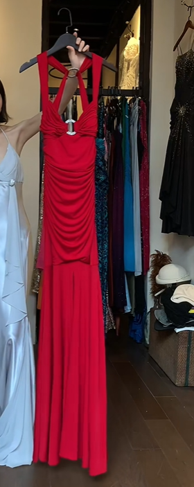 Red Halter Evening Gown Cutout Front Ruched Bodice Mermaid Long Formal Prom Dress gh9731