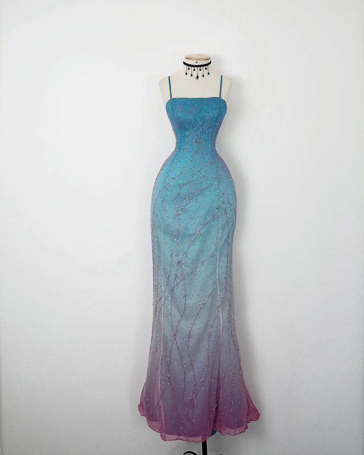 ✨Girlhomeshops-Ombre Blue Purple Fully Beaded Mermaid Formal Prom Gown gh10244