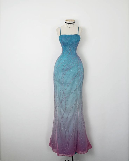 ✨Girlhomeshops-Ombre Blue Purple Fully Beaded Mermaid Formal Prom Gown gh10244