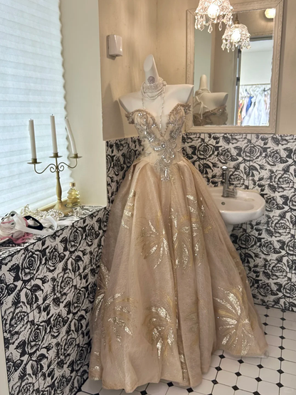 Gold Strapless Waist-Cinched Full Flared Skirt Luxury Elegant Romantic Dress, Wedding Gown gh7690