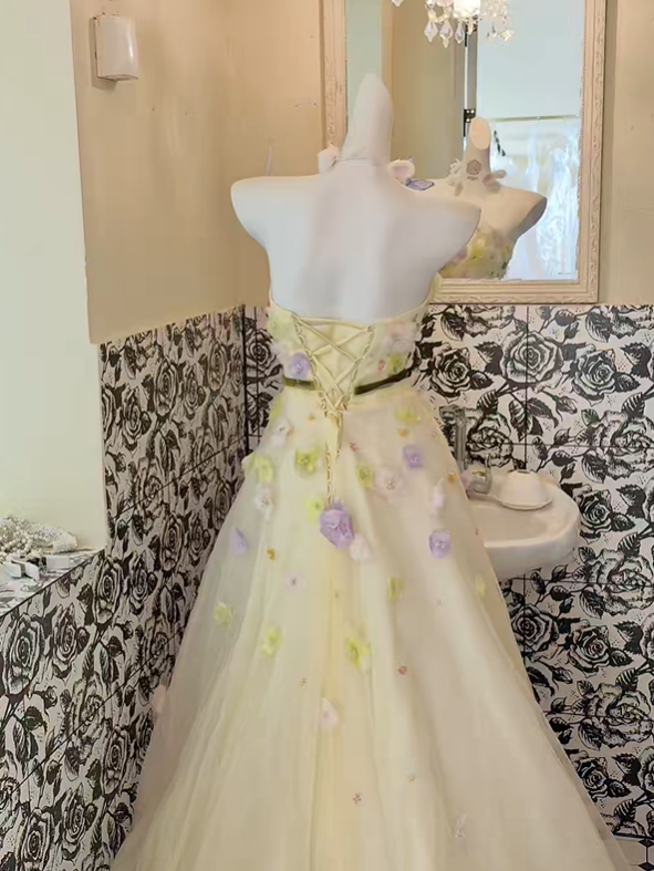 Light Yellow Strapless Cinched Waist A-Line Skirt Long Romantic Dress, Wedding Gown gh7825