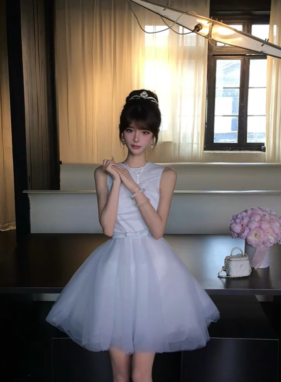 Light Blue Sleeveless Tulle Homecoming Dress Round Neck Mini Prom Gown gh9408