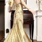 Champagne Gold Vintage Halter Prom Gown, V‑Neck, Floral Lace Embroidery Appliqués, Fitted Waist Mermaid Silhouette, Satin And Lace Mixed Long Skirt, Vintage Evening Prom Dress gh8754