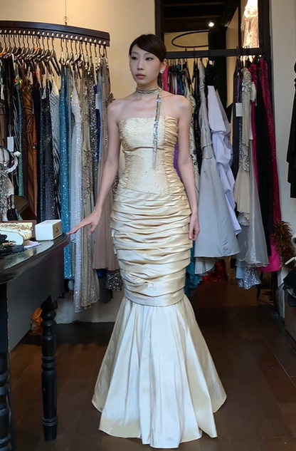 Champagne Satin Strapless Mermaid Evening Gown Beaded Bodice Ruched Skirt Long Prom Dress gh9722