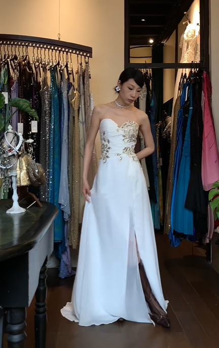 White Strapless Sweetheart Long Formal Gown Gold Lace Beaded High Slit Evening Dress gh9650