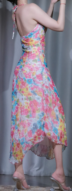 Halter Backless Floral Midi Dress, Colorful Print Irregular Hem Chiffon Evening Gown for Women gh9915