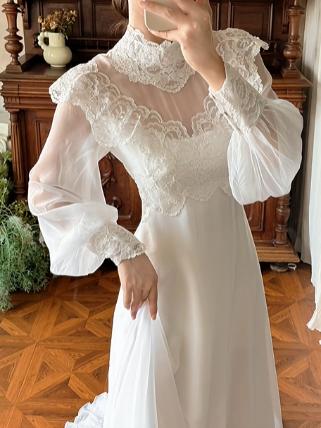 Off‑White Vintage Edwardian High Neck Lace Sheer Puff Long Sleeve High Waist Multi‑Layer Ruffle Lace Hem Long Train Prom Gown, Wedding Dress gh8622