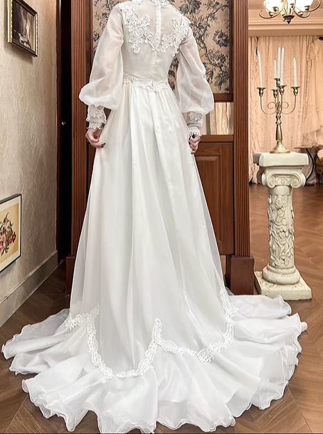 White Vintage Edwardian Wedding Gown, V‑Neck Lace Trim Stand Collar, Lantern Puff Long Sleeves, High Waist With Floral Lace Appliqués, Flowy Chiffon Flared Long Skirt, Prom Dress gh8660