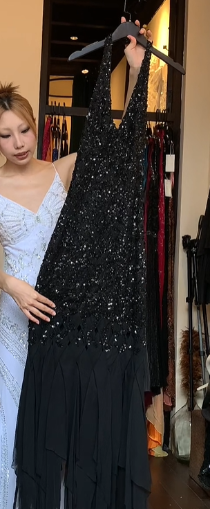 Halter Black Prom Dress Deep V All Over Sequin Beading Asymmetrical Ruffle Tulle Mermaid Evening Gown gh9831