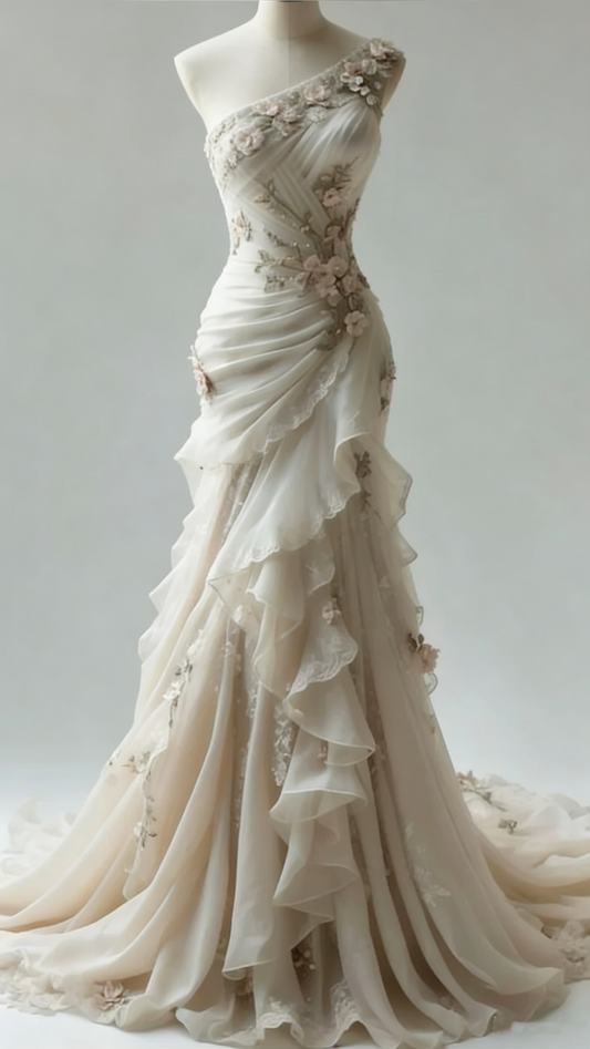 Robe de mariée sirène asymétrique à épaules dénudées, style champagne, ornée de fleurs 3D, élégante et féérique - Robe de cérémonie et de dîner de mariage gh6561