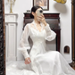 Ivory Vintage Chiffon Wedding Gown, V‑Neck Lace Illusion Neckline, Vintage Lantern Long Sleeves, Lace Appliqués Empire Waist, Draped Flowy Full‑Length Skirt, Lace‑Trimmed Long Train, Bridal Prom Dress gh8773
