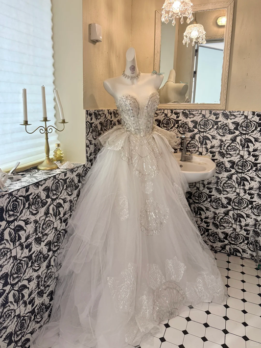 Ivory Strapless Silver Embellished Luxury Elegant Waist-Cinched Voluminous Skirt Long Romantic Dress, Wedding Gown gh7598