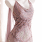 Women Dusty Pink Gatsby Style Evening Gown Halter Cowl Neck Hand-Beaded Lace Appliques Long Fringe Skirt with Matching Sheer Scarf gh9566