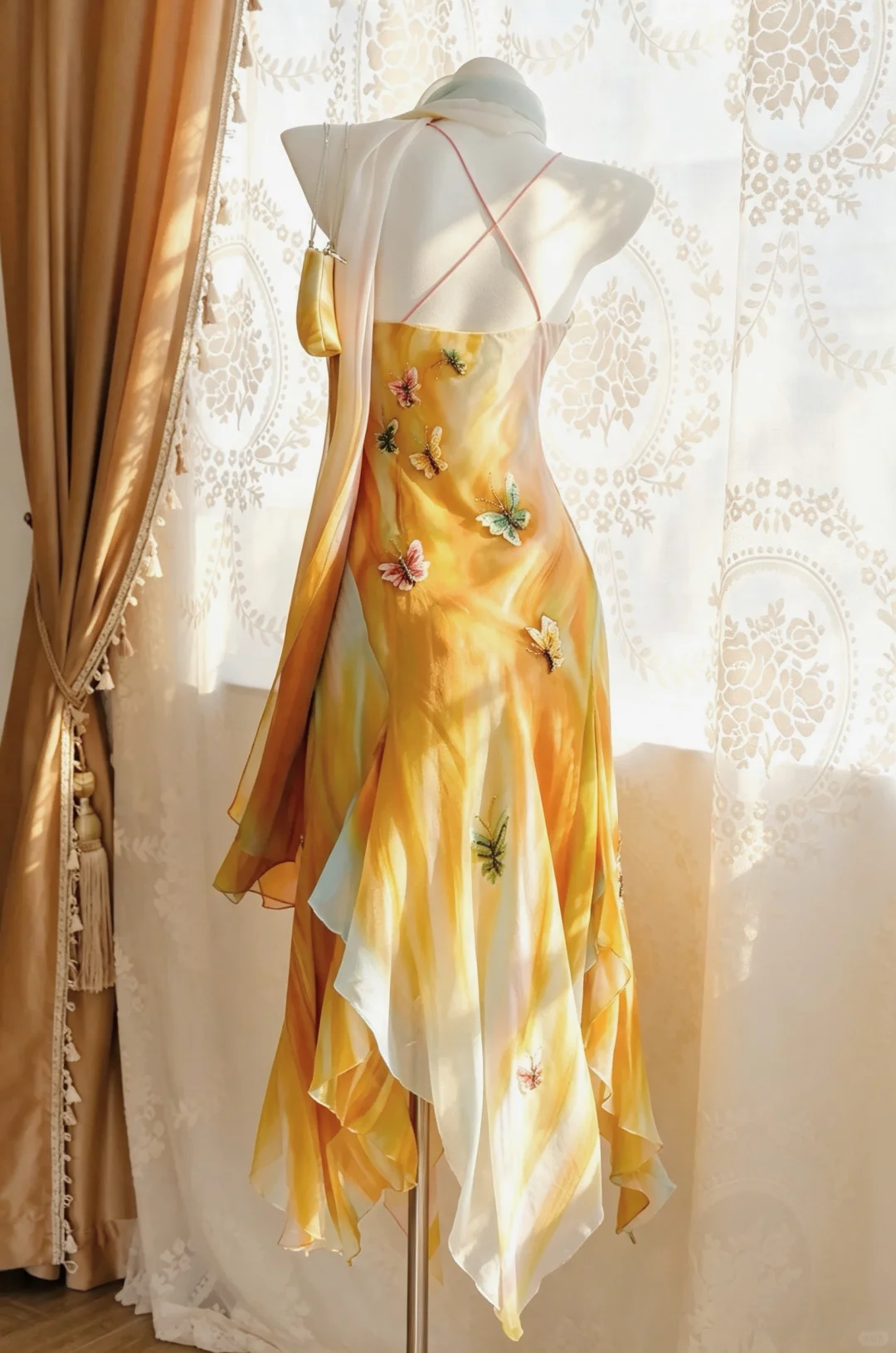 Women Gradient Orange Long Evening Dress Spaghetti Straps 3D Butterfly Floral Appliques Irregular Ruffled Skirt with Matching Sheer Shawl gh9565