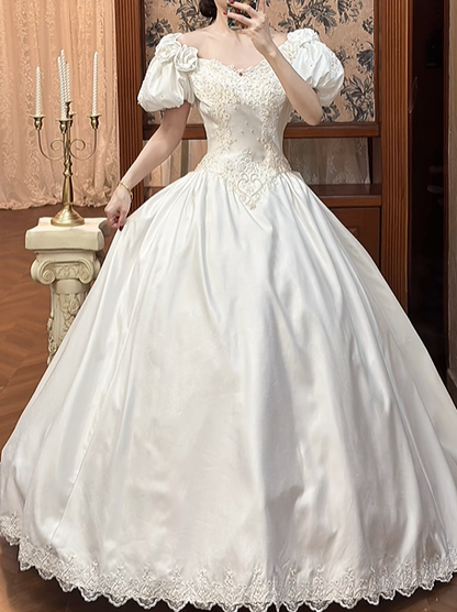 White Satin Vintage V‑Neck Puff Short Sleeve 3D Floral Lace Beaded Fitted Waist Full Flared Lace‑Hem Long Prom Gown, Wedding Dress gh8615