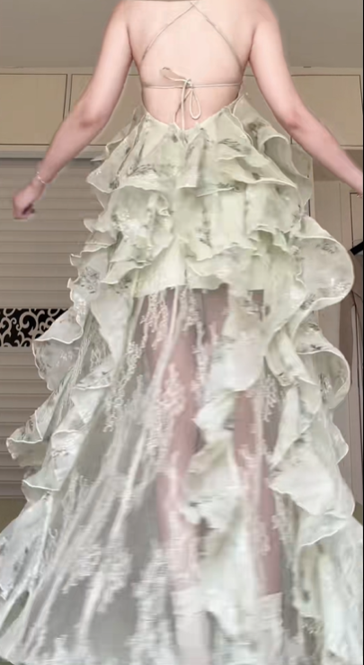 Sage Green Floral Print Spaghetti Strap Long Evening Gown, V‑Neck Bustier Bodice, Multi‑Layer Ruffled Cake Skirt, Sheer Lace High‑Slit Formal Dress gh8939