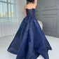 Marineblaues, trägerloses Ballkleid mit 3D-Blumenapplikationen und Perlenstickerei, bodenlanges Abendkleid für formelle Hochzeiten und Abendveranstaltungen gh7098