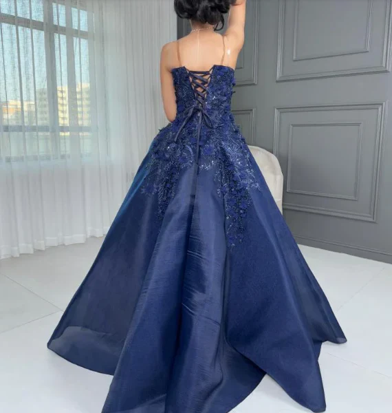 Marineblaues, trägerloses Ballkleid mit 3D-Blumenapplikationen und Perlenstickerei, bodenlanges Abendkleid für formelle Hochzeiten und Abendveranstaltungen gh7098