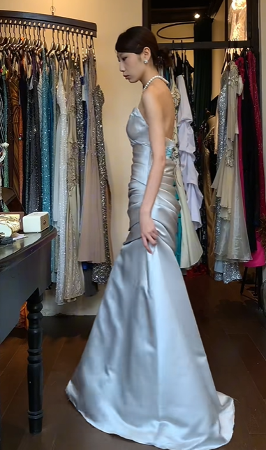 Silver White Satin Strapless Sweetheart Evening Gown Ruched Bodice A-Line Long Prom Dress gh9721