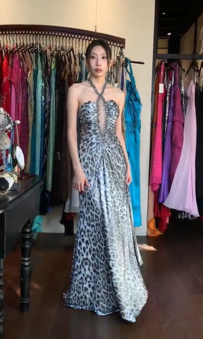 Silver Grey Leopard Print Halter Deep V Illusion Beaded Rhinestone Long Evening Prom Dress gh9783