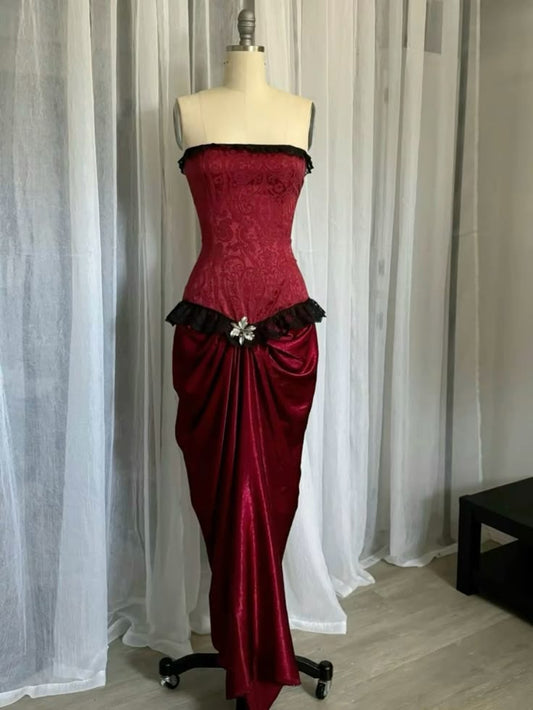 Burgunderrotes, modisches, elegantes, langes Satin-Abendkleid aus zarter Spitze, gh3466