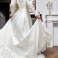 Ivory Vintage Ruffled‑V‑Neck Lace Puff‑Sleeve Diagonal‑Ruffle Long Train Wedding Dress gh8776
