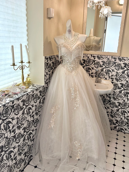 Ivory Strapless Tasseled Waist-Cinched Voluminous Skirt Long Romantic Dress, Wedding Gown gh7744