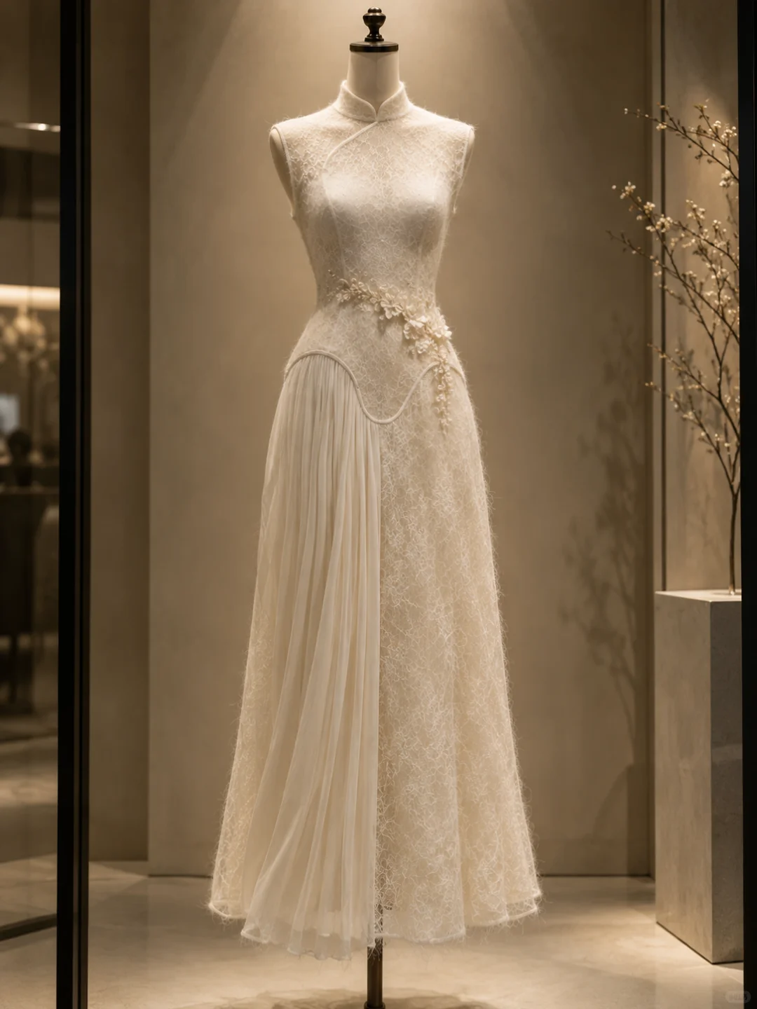 ✨Girlhomeshops-Elegant Ivory Sleeveless Qipao Lace Gown gh10314