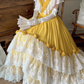 Vintage Yellow V-Neck White Lace Fitted Waist Tiered Cake Skirt Prom & Evening Party Dress gh8495